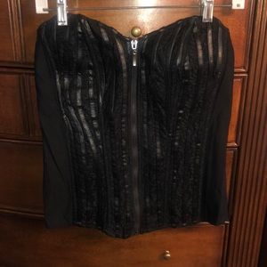 Plus size black bustier.  Faux leather & lace.